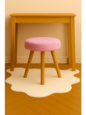 Pembe Teddy Yuvarlak Puf Bench Ahşap Modern Ayak Dekoratif Peluş Tabure