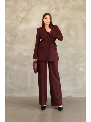 Kadın Bordo Yandan Bağlamalı Blazer Ceket Pantolon Takım