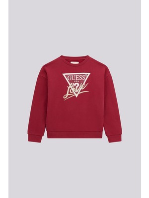Guess Bg Store Kız Çocuk Bordo Baskılı Sweatshirt Truvakar Kol ile Rahat Comfort Kesim