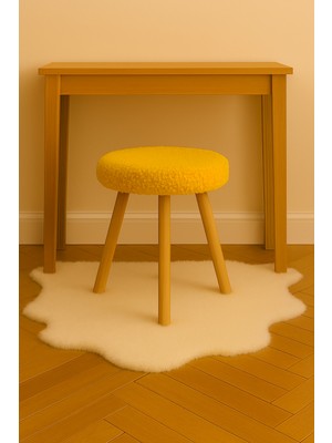 Sarı Teddy Yuvarlak Puf Bench Ahşap Modern Ayak Dekoratif Peluş Tabure