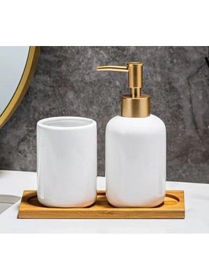 Seramik Altın Pompalı Başlıklı Beyaz Şişe + Seramik Bardak + Bambu Tepsi