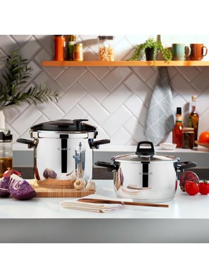Schafer Cooky Düdüklü Tencere Seti 4+6,5 L Paslanmaz Çelik Siyah/Gri Renkli Güçlü Pişirme