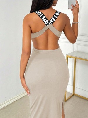 Kadın Yuvarlak Yaka Sırttan Çapraz Şerit Love Detaylı Yırtmaçlı Viskon Elbise