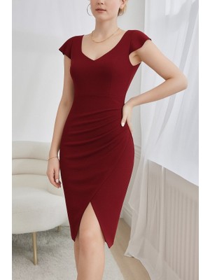 Gökyüzü Moda Qkadın Kısa Kollu Kalp Yaka Yanlardan Büzgü Detay Midi Janjan Krep Elbise
