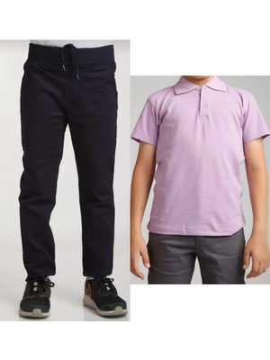 Unisex Çocuk Keten Pantolon ve Polo Yaka Kısa Kol T-Shirt Seti Siyah