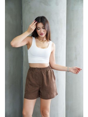 Kadın Kahverengi Beli Lastikli Keten Şort