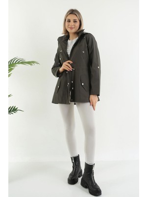 Kadın Suya Dayanıklı Trençkot Kapüşonlu Ekoseli Vizon Trençkot Bonded Kumaş Trençkot