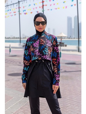 Remsa Paraşüt Önü Kapaklı Tam Kapalı Tesettür Mayo R046 Siyah Color Neon