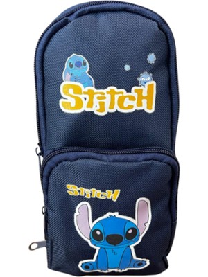 Stitch Baskılı Kalem Çantası Lacivert Geniş Hazneli Çok Bölmeli Kalem Kutu