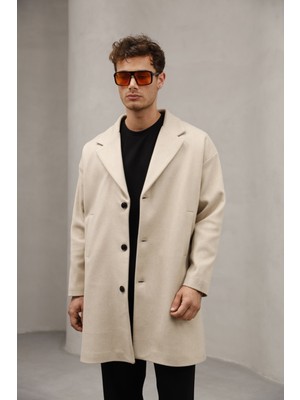 Krem/bej Renk Düğme Kapamalı Renk Yarım Oversize Rahat Kesim Uzun Erkek Kaşe Kaban Palto