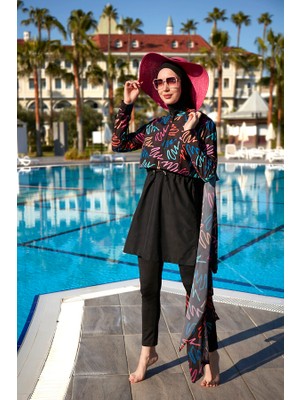 Remsa Paraşüt Önü Kapaklı Tam Kapalı Tesettür Mayo R046 Siyah Color Neon