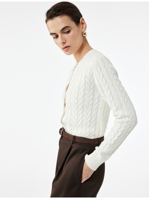 Uzun Kollu Bisiklet Yaka Düğmeli Saç Örgü Hırka