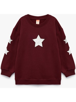 Pamuklu Bisiklet Yaka Şardonlu Pullu Yıldız Işlemeli Sweatshirt