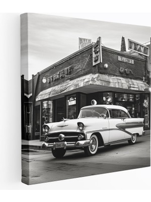 Popcas Klasik Duvar Sanatı - Retro Araba ve Diner - Klasik Kanvas Duvar Sanatı Zamansız Duvar Dekorasyonu