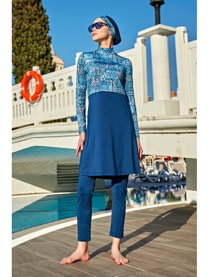 Remsa Mayo Remsa Tam Kapalı Mayo Seti Likralı Malzeme Desenli Tunik ve Pantolon ile 4 Parça Kadın