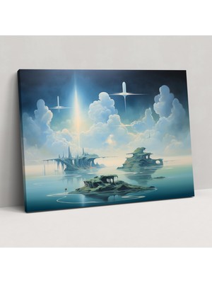 Popcas Esoterizm Kanvas Tablo: Göksel Manzara - Illuminati Uçan Adalar Gerçeküstü Yağlı Boyama Esoterizm