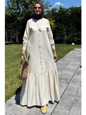 Süreyya Çizgili Gömlek Elbise Kahve