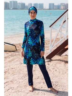 Remsa Mayo Remsa R056 Kadın Tesettür Mayo Likralı Tam Kapalı Tropikal Desen ile Şık ve Rahat Kullanım