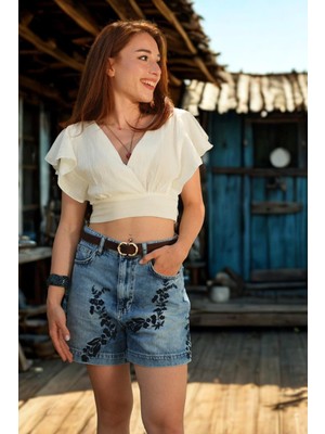 Sakura Nakışlı Indigo Denim Şort