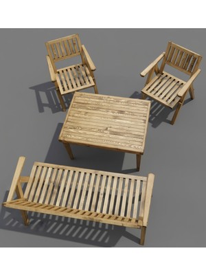 Soylu Kapı Ahşap Oturma Grubu, 3+1 Balkon & Teras Takımı: 1 Masa, 2 Sandalye, 1 Sedir & Sarıçam Eskitme Boyalı