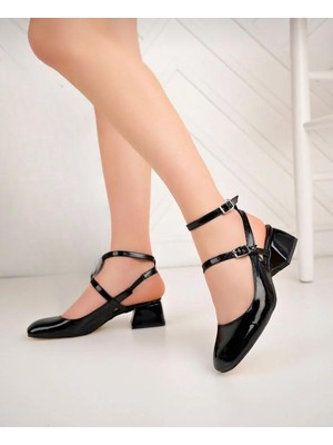 Kadın Kare Burunlu Rugan Geniş Topuklu Ayakkabı-Siyah