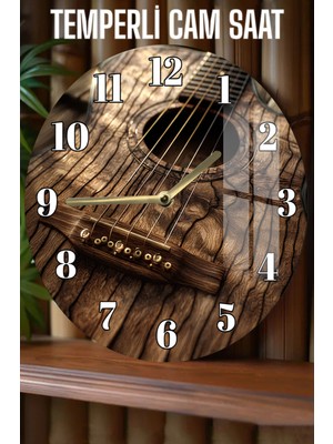 Ahşap Dokulu Akustik Gitar Tasarımlı 3D Görünümlü Temperli Cam Saat – 33 cm CSDW426