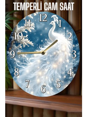 Beyaz Tavus Kuşu Desenli 3D Görünümlü Temperli Cam Saat – 33 cm CSDW371