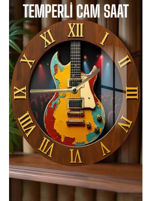Retro Tarzı Elektro Gitar Tasarımlı 3D Görünümlü Temperli Cam Saat – 33 cm CSDW424