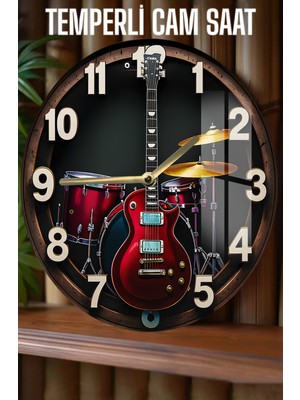 Müzik Tutkunlarına Özel Gitar & Bateri Tasarımlı 3D Görünümlü Temperli Cam Saat – 33 cm CSDW417