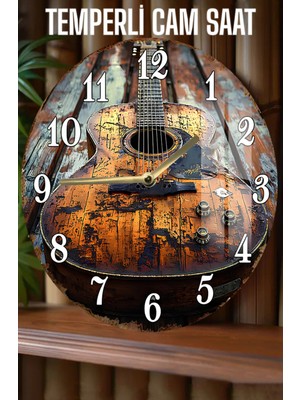 Retro Ahşap Gitar Desenli 3D Görünümlü Temperli Cam Saat – 33 cm CSDW419