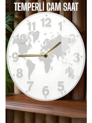 Dünya Haritası Desenli 3D Görünümlü Temperli Cam Saat – 33 cm CSDW436