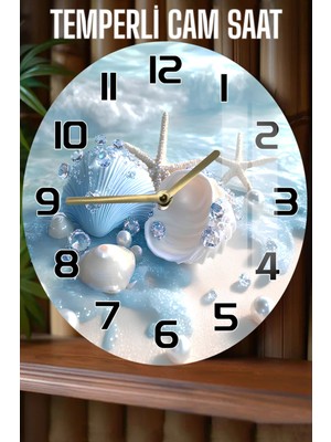 Deniz Kabuklu & Incili Tasarım 3D Görünümlü Temperli Cam Saat – 33 cm CSDW411
