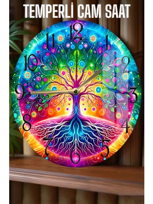 Renkli Hayat Ağacı Desenli 3D Görünümlü Temperli Cam Saat – 33 cm CSDW432
