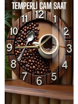 Kahve Çekirdekleri & Fincan Tasarımlı 3D Görünümlü Temperli Cam Saat – 33 cm CSDW415