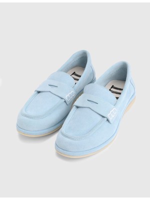 Nelina Hakiki Süet Deri Mavi Kadın Loafer Ayakkabı