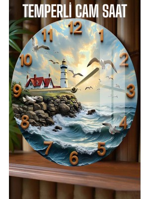 Deniz Feneri Manzaralı 3D Görünümlü Temperli Cam Saat – 33 cm CSDW375
