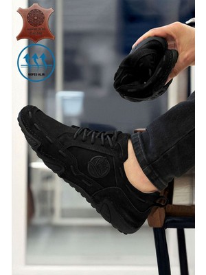 Big King Nubuk Hakiki Deri Erkek Çarık Ayakkabı Düz Tabanlı Siyah Rahat İç Taban