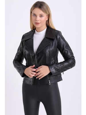 Hakiki Deri Taba Beli Lastikli Kadın Ceket