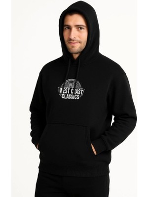 Erkek Üç Iplik Kapüşonlu Ön ve Arka Baskılı Sweatshirt Hoodie - Siyah