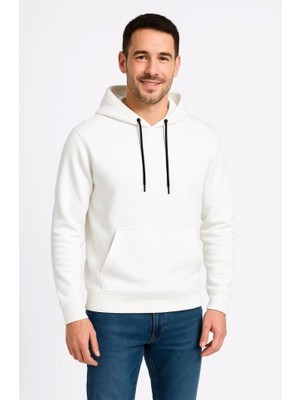 Erkek Beyaz Üç Iplik Kapüşonlu Kanguru Cepli Sweatshirt Hoodie - Uzun Kollu Rahat Fit