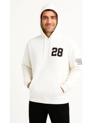 Üç Iplik Kapüşonlu Ön ve Arka Baskılı Sweatshirt Hoodie - Beyaz