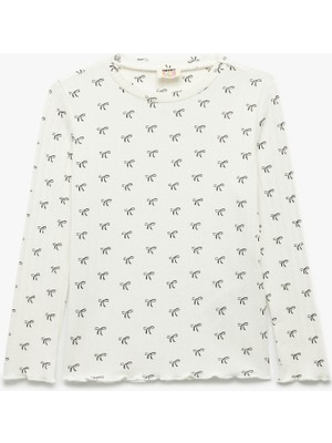 Kaşkorse Yumuşak Dokulu Uzun Kollu Bisiklet Yaka Fiyonk Baskılı Tişört