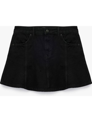 Düğmeli Mini A Kesim Volanlı Denim Etek