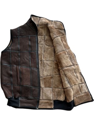 Patchwork Içi Kürk-Dışı Süet Hakiki Deri Yakalı Biye ve Triko Detaylı Yelek