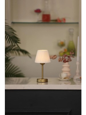 Osmanlı Ipeği Pileli Kablosuz Şarjlı Masa Lambası - Alt Uzun Eskitme Gold