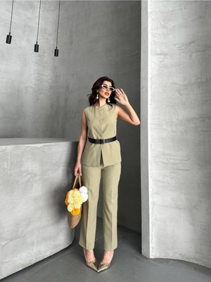 Yelek Pantolon Kemerli Ikili Takım