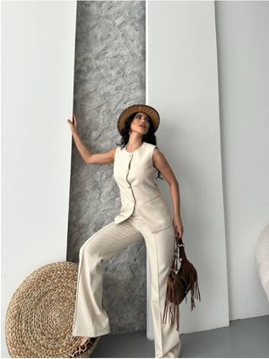 Kadın Alt Üst Takım Şık Düğme Detaylı Yelek Pantolon Ikili Takım