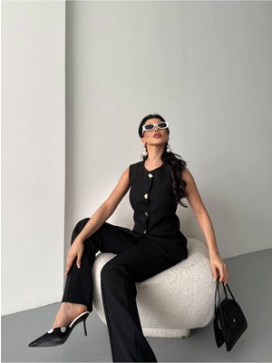 Kadın Alt Üst Takım Şık Düğme Detaylı Yelek Pantolon Ikili Takım