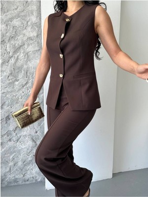 Kadın Alt Üst Takım Şık Düğme Detaylı Yelek Pantolon Ikili Takım