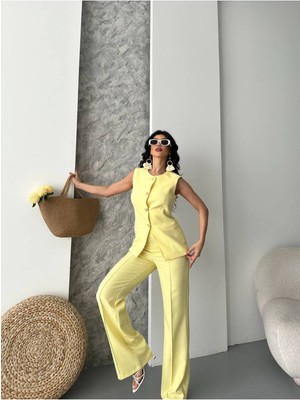 Kadın Alt Üst Takım Şık Düğme Detaylı Yelek Pantolon Ikili Takım
